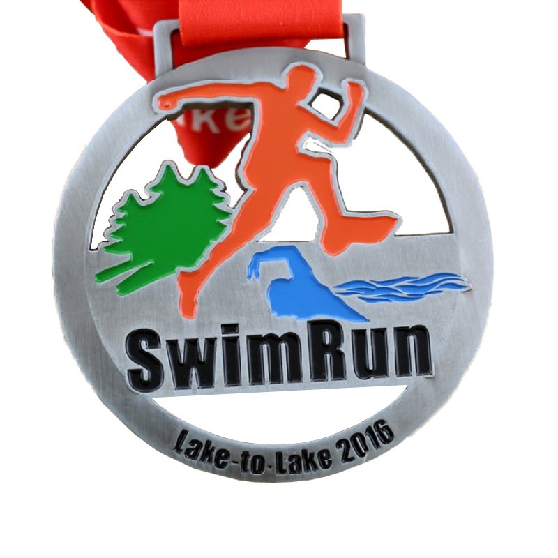 Custom swim and run enamel metal sport medal Custom engraved metal sport medals with ribbons