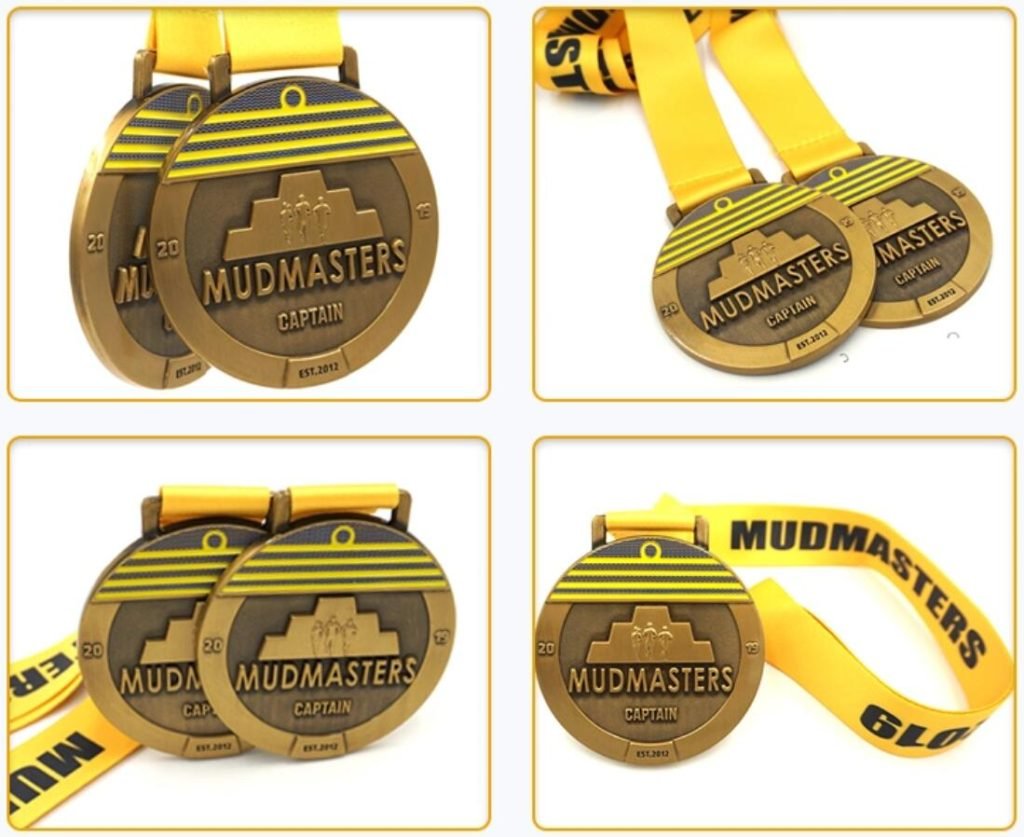 Detail view of custom antique gold Personalized medals Personalized antique gold sport medals