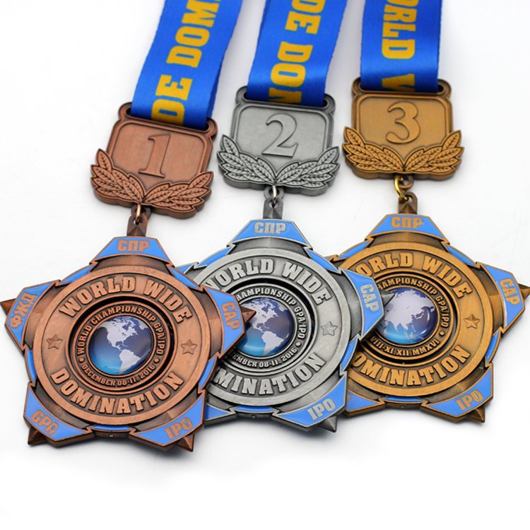 Custom antique metal soft enamel rotating championship medal with ribbon Custom antique metal soft enamel rotating championship medal with ribbon