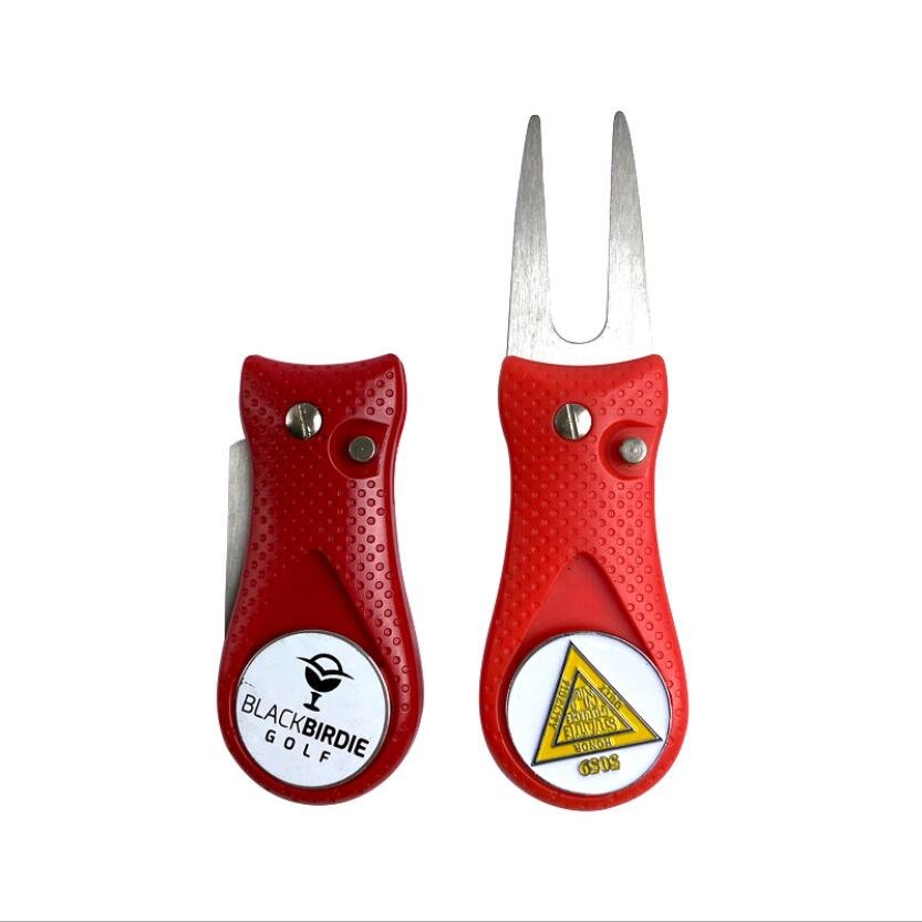 Red plastic golf divot tool with custom soft enamel ball marker