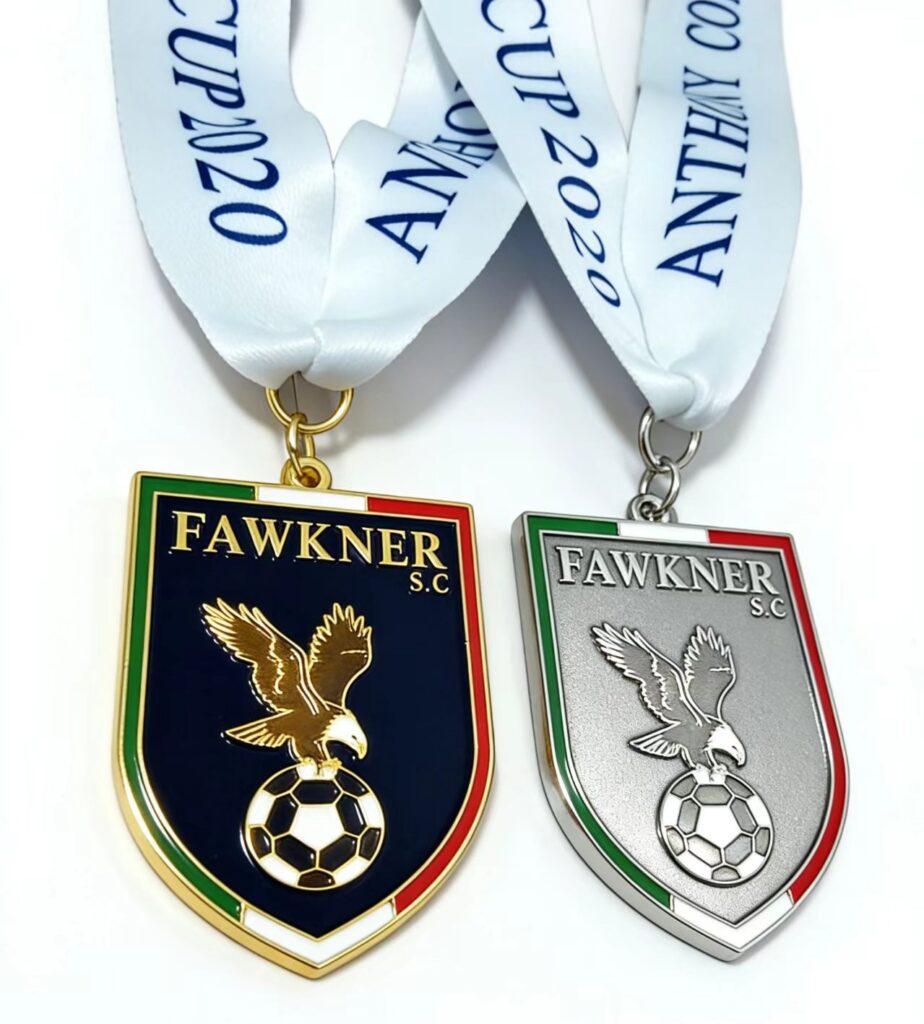 Gold football medal with enamel coating and silver shield medal without coating for soccer club tournaments